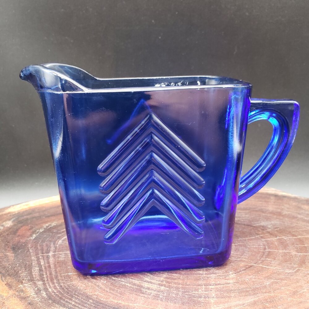 Hazel Atlas Cobalt Blue Chevron Arrow Creamer 1930s Vintage Depression Glass USA